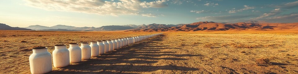 Row of white jars in desert, mountains under blue sky