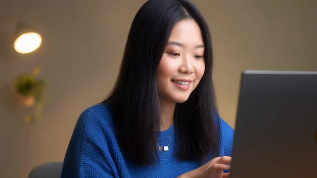Happy creative business woman taking notes while working on laptop and documents in the office.