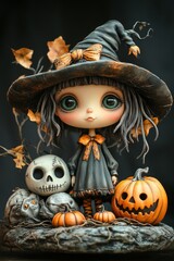 Fototapeta premium Adorable Halloween Witch Figures with Pumpkins and Skulls - Festive Fantasy Collection