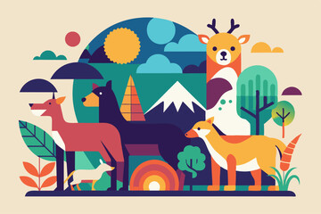 Abstract minimalist art celebrating world animal day with vibrant wildlife scenes