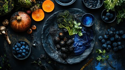 Blue Food Styling with Dark Blueberries, Broccoli, and Citrus Fruits