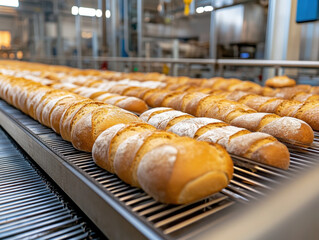 Freshly baked loaves of bread glistening on a production line in a bustling bakery during the early morning hours