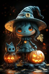 Adorable Halloween Witch Figures with Pumpkins and Skulls - Festive Fantasy Collection