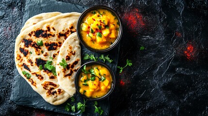 Mango chutney served with naan bread, placed on a black stone slab background with a bright contrasting red overlay