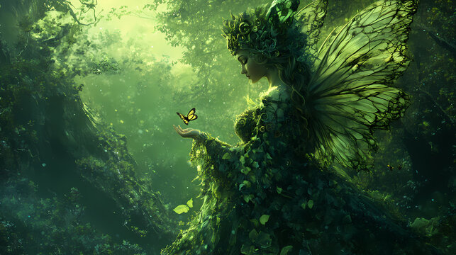 Digital painting of a beautiful victorian steam punk wood nymph or dryad in a magical green forest ,illustration . made with the help of ai. Nymph. Illustration