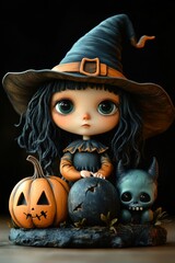 Adorable Halloween Witch Figures with Pumpkins and Skulls - Festive Fantasy Collection