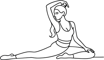 Continuous line art drawing of a woman stretching and relaxing, woman in yoga pose line art, yoga stretch line drawing vector illustration