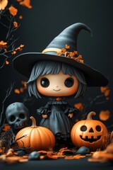 Adorable Halloween Witch Figures with Pumpkins and Skulls - Festive Fantasy Collection