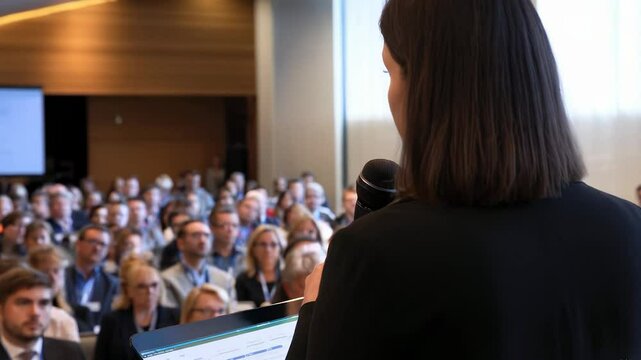 Business speaker in front of the audience or lecturer speaking in front of a hall of people, the concept of public speaking abstract fictional.
