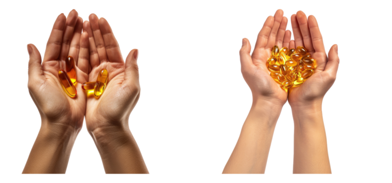 Hands holding omega 3 capsules isolated on transparent background