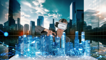 Civil engineer analyzing with rotating tower skyscraper hologram virtual graphic via VR future global innovation network technology community intelligent cityscape urban planning center. Contraption.