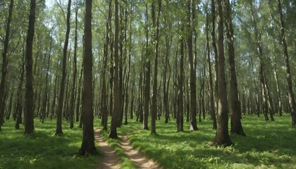 Fototapeta premium Green forest with a walking path on a sunny day 