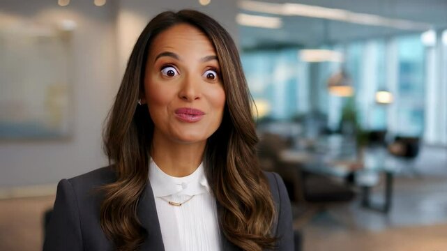 Happy enthusiastic emotional woman feeling shock joy surprised amazed rejoices in feels delight by incredibly good news opens mouth in surprise joyfully