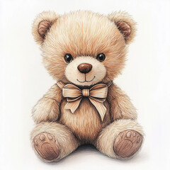 Adorable Full-Body Teddy Bear with Ribbon Necktie, Featuring Paper-Cut Fur Texture in Warm Tones and Soft Light, Positioned Against a White Backdrop
