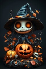 Adorable Halloween Witch Figures with Pumpkins and Skulls - Festive Fantasy Collection