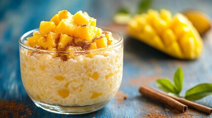 Mango rice pudding with cinnamon, placed on a polished wood table with a cool-toned blue backdrop
