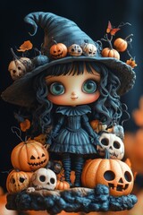 Fototapeta premium Adorable Halloween Witch Figures with Pumpkins and Skulls - Festive Fantasy Collection