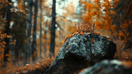 Obraz premium Golden Crown on Stone in Autumn Forest