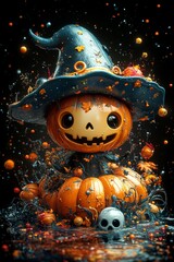 Adorable Halloween Witch Figures with Pumpkins and Skulls - Festive Fantasy Collection