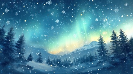 A wintery landscape with pine trees, snow, and an aurora borealis in the sky