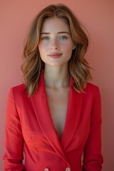 Fototapeta premium A professional portrait of a female entrepreneur in a sleek red business dress, contrasting soft pink background, vertical