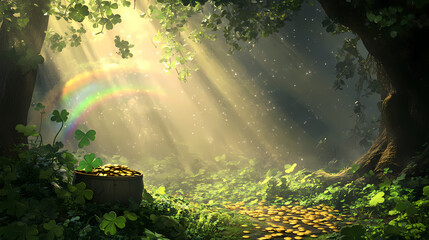 Fototapeta premium Enchanted forest scene emerald green foliage magical shamrocks leprechaun hideout pot of gold rainbow arc misty celtic atmosphere. Leprechaun's Gold. Illustration