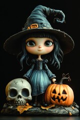 Adorable Halloween Witch Figures with Pumpkins and Skulls - Festive Fantasy Collection