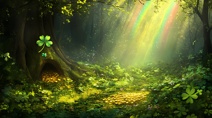 Enchanted forest scene emerald green foliage magical shamrocks leprechaun hideout pot of gold rainbow arc misty celtic atmosphere. Leprechaun's Gold. Illustration