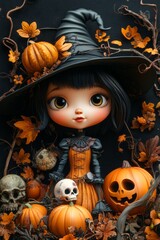 Fototapeta premium Adorable Halloween Witch Figures with Pumpkins and Skulls - Festive Fantasy Collection