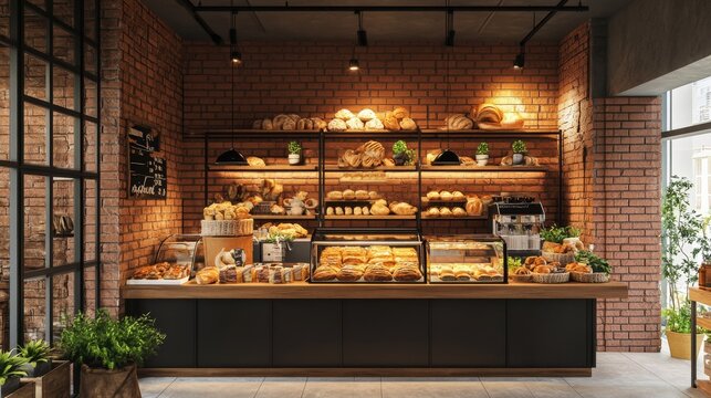 Brick Wall Bakery Interior with Display Shelves and Fresh Bread, bakery, bread