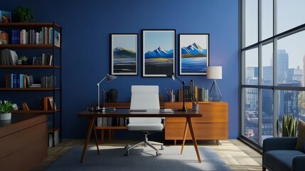 Modern Home Office with Mountain View Artwork, Interior Design, Desk , office design
