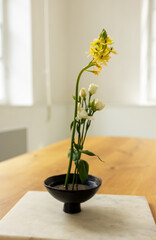 Minimalistic interior style. Yellow flower in a glass black asian vase standing on a wooden table with, stock photo