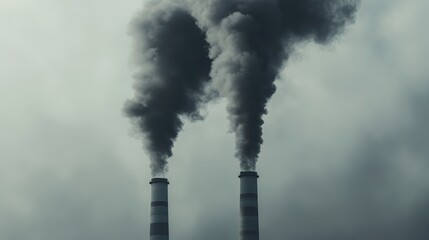 Smoke billows from industrial chimneys against a bleak sky