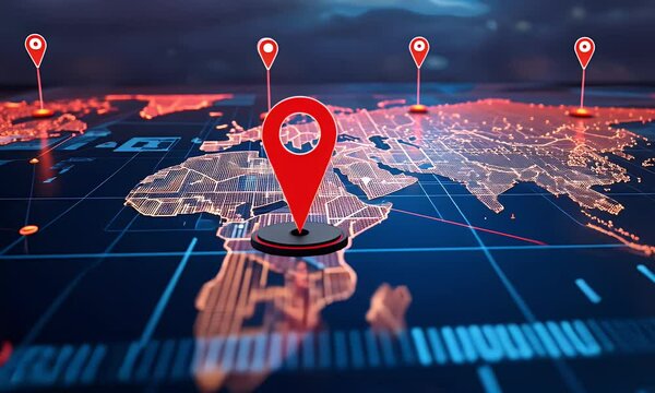 Global GPS tracking animation featuring a digital world map with glowing red pinpoints. Futuristic geolocation concept visualizes a tech network in motion, showcasing connectivity and location data.