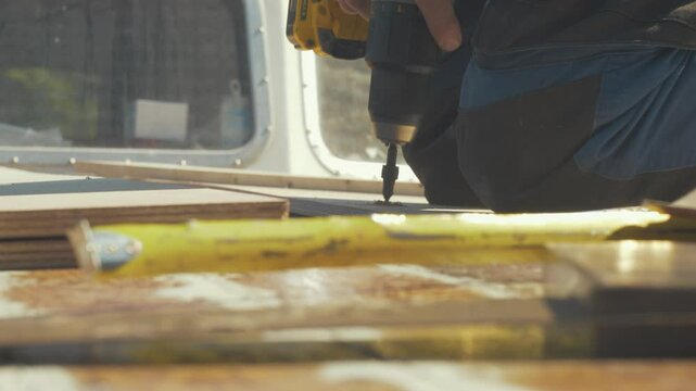 Drilling countersink for wood screw in boat roof