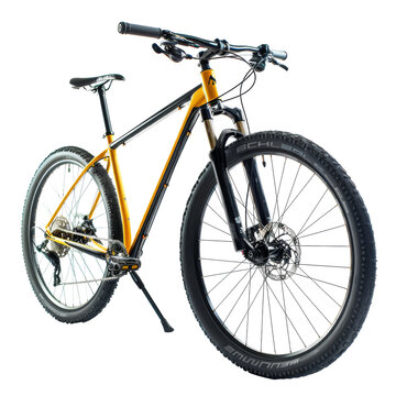 Visualize a yellow and black 29er mountain bike featuring thick off-road tires, designed