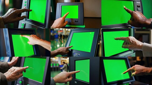 3x3 Collage grid of a diverse group of voters hands as they operate an electronic voting machine with a touch screen during an election where each screen is a chroma key green screen.