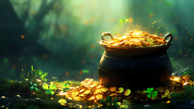 Leprechaun pot of gold and luck, traditional for irish st. patrick's day. Leprechaun's Gold. Illustration