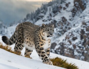 Obraz premium Silent Hunter: Snow Leopard Stalking Prey in a Snow-Covered Mountain