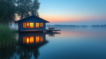 Fototapeta premium A small cabin on stilts sits on a calm lake at dawn, with the lights on inside the cabin and reflected in the water.