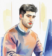 illustration of structured sweater man, passion for work, minimal background early afternoon, simple light