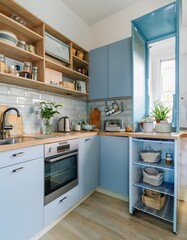 Fototapeta premium Small kitchen design with open shelving and clever storage solutions for urban apartments