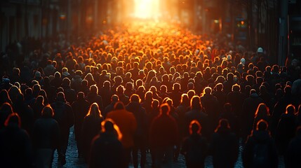 Obraz premium Silhouettes of a large crowd walking towards a bright light in the distance.