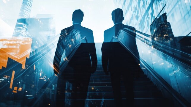 Two Businessmen Walking Up an Escalator - Powered by Adobe