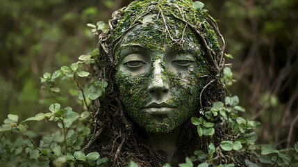 Obraz premium Guardian of nature. statue of a woman covered in green moss, plants and roots in the wood - nymph, dryad, fairy, mystical myth and legend, spirit of the forest. Nymph. Illustration