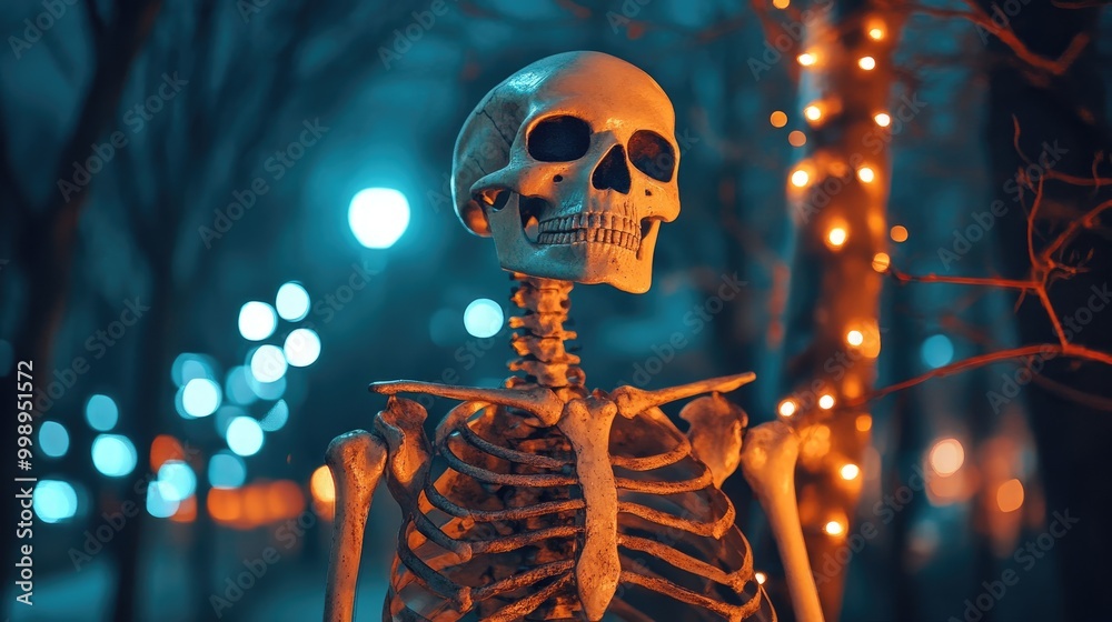 Wall mural spooky skeleton with bokeh in night setting
