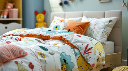 A vibrant, customized bedding set for children, featuring playful patterns and soft, durable fabrics.