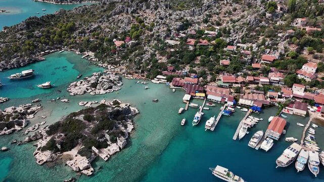 Kekova Island in the Summer Season Drone Video, Mediterranean Sea Kalekoy Kekova, Demre Antalya, Turkiye (Turkey)