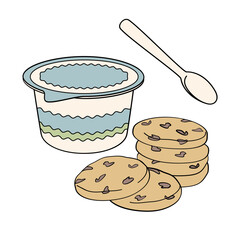 yogurt cup, spoon and cookies