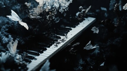 Obraz premium Piano Keys Surrounded by Black and White Smoke-Like Shapes